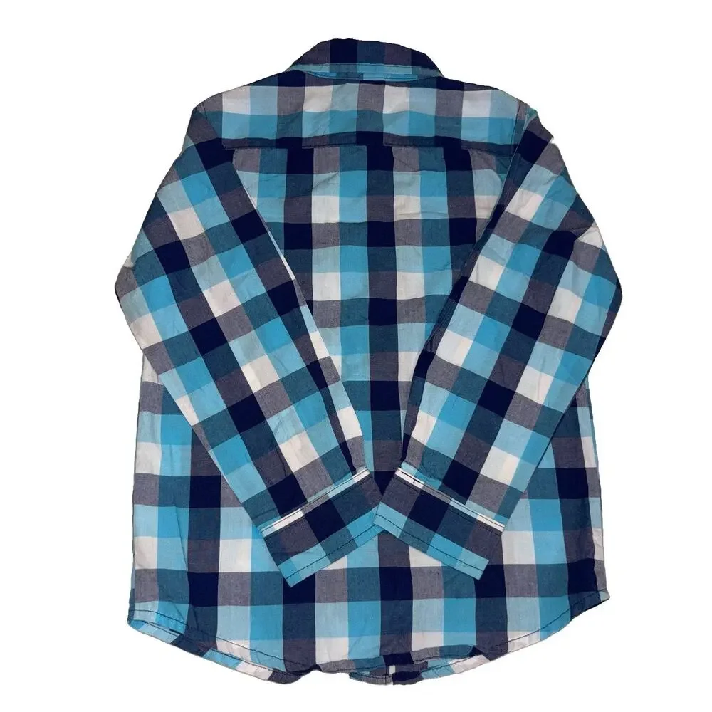 Wrangler Toddler Boys Plaid Button Up Shirt Blue Horse Logo 5T Long Sleeve